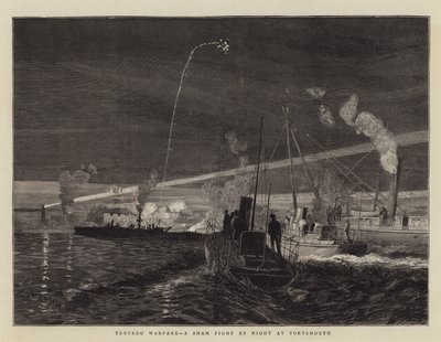 Guerra de torpedos, una pelea simulada por la noche en Portsmouth de William Lionel Wyllie